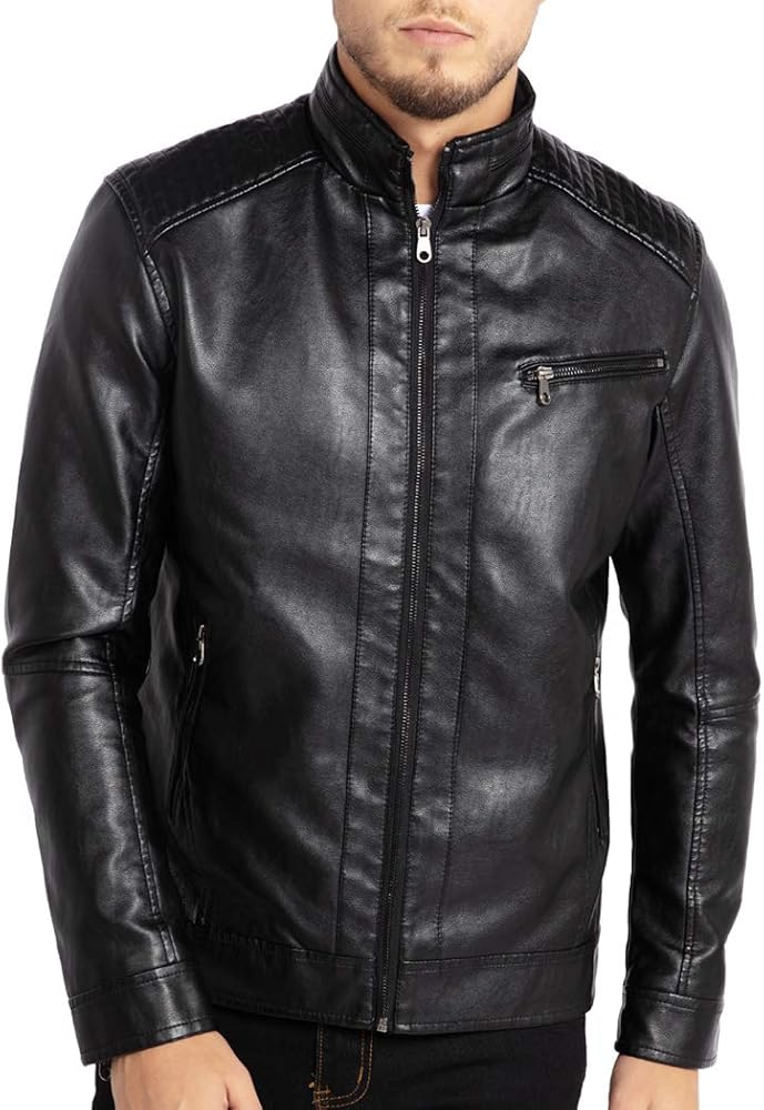 WULFUL Men's Stand Collar Leather Jacket Motorcycle Lightweight